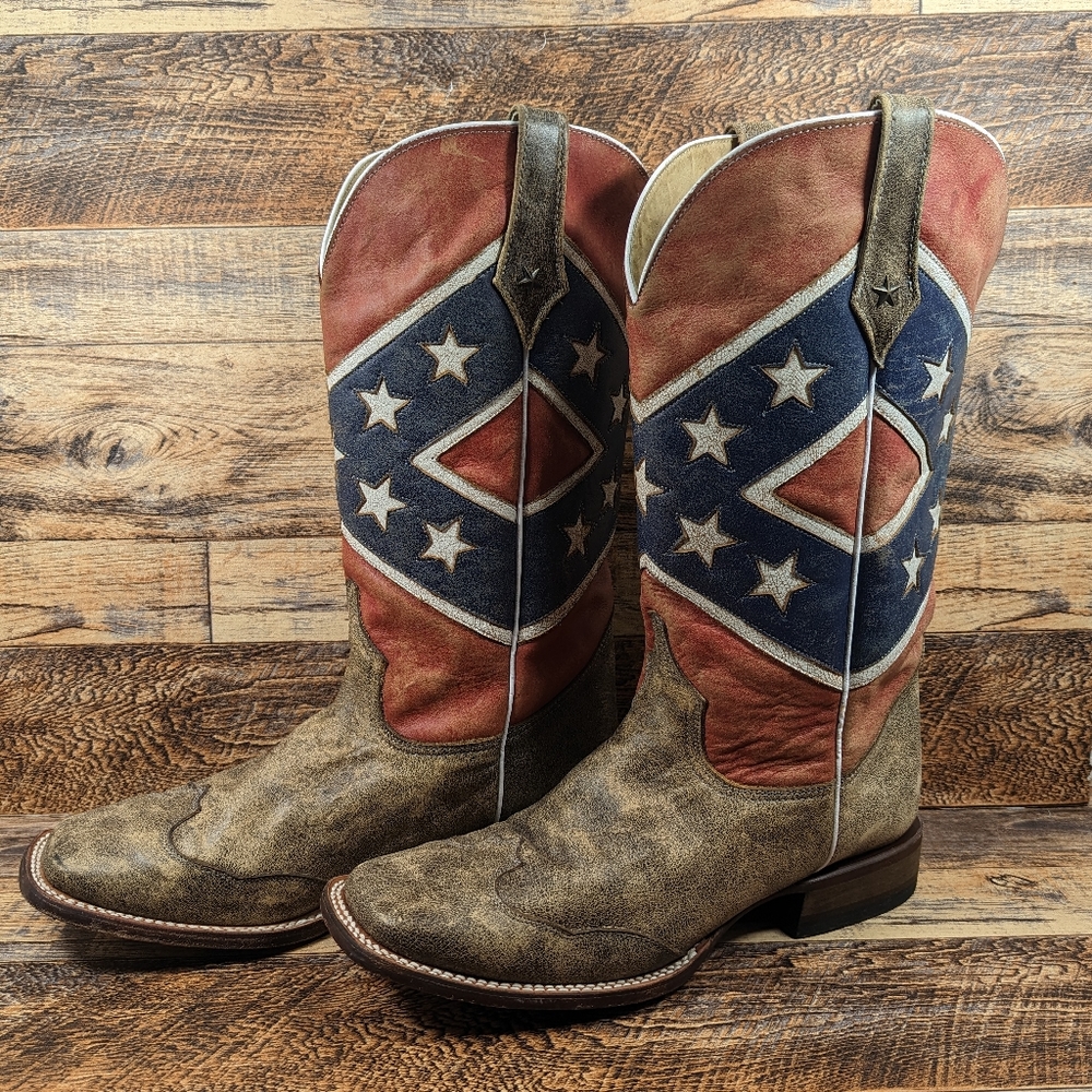 Roper Men's Size 12 D Rebel Flag Square Toe Leather Western Cowboy Boots